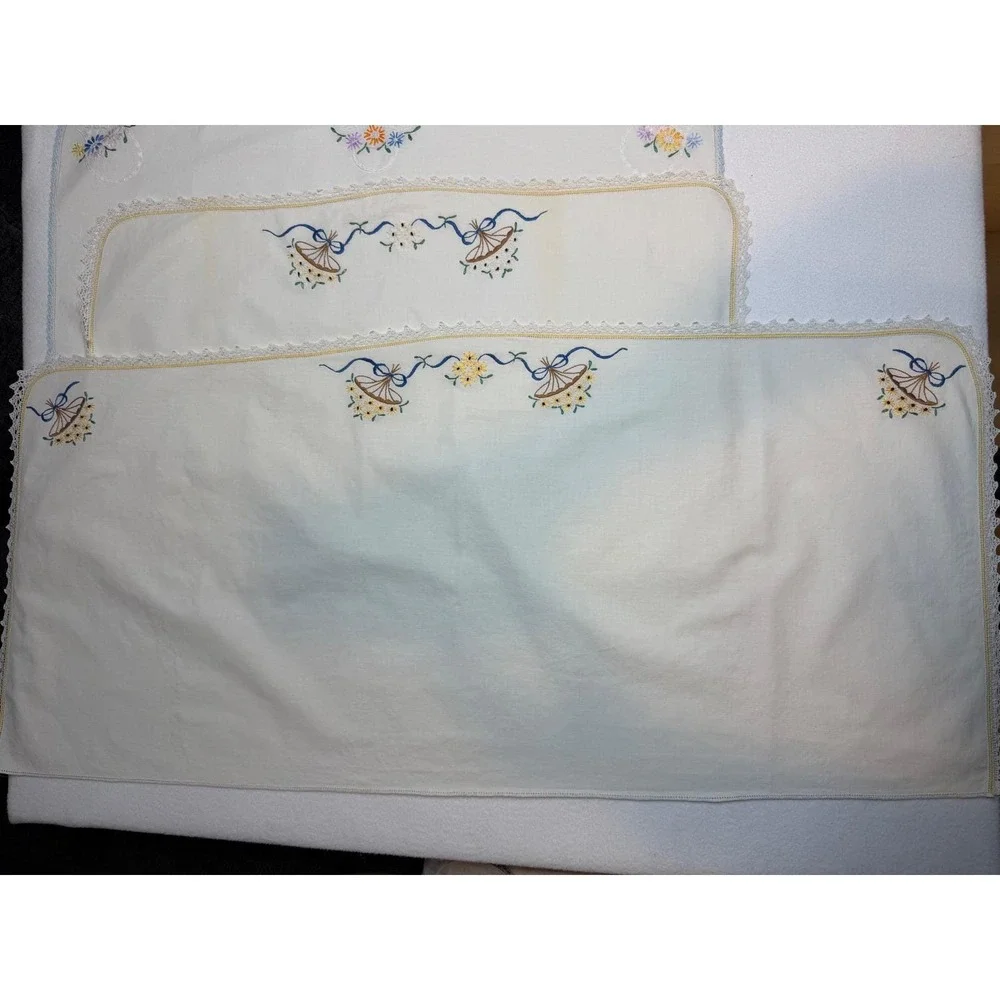 Vintage Embroidered Linens Lot 5 Dresser Shawls Runner Floral Morning Glory Lace